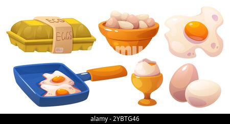 Chicken egg cartoon vector set - whole raw or cooked in bowl, on cup holder with broken shell, frying on pan and ready to eat, in carton box. Farm bir Stock Vector