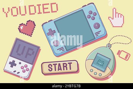 Cute girl gamer retro print. Kawaii pixel y2k set. 90s graphic design with geek gamepad, low energy icon, start game button and tamagotchi. Simple wom Stock Vector