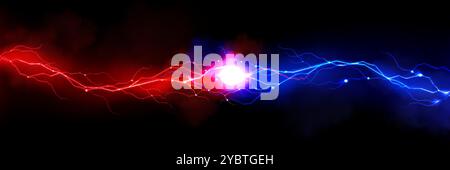 Thunder vs light effect background. Bolt energy collision in blue and red. Lightning shock and magic storm versus concept. Particle explosion for batt Stock Vector