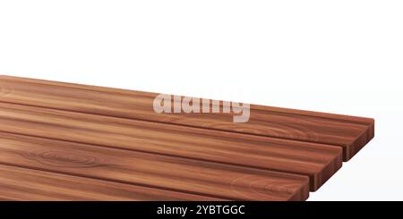 Wooden kitchen table corner, perspective view with texture. Wood tabletop angle surface for product presentation. 3d empty garden desk on foreground f Stock Vector