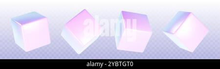 Cube geometric shape in different angle of view with hologram effect. Realistic 3d render vector illustration set of flying metal or glossy plastic sq Stock Vector