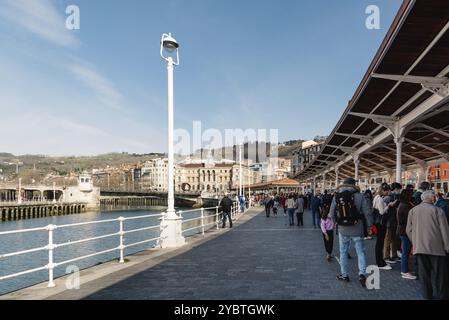 Bilbao, Spain, February 13, 2022: Gure Lurreko farmer market and flower market in Arenal Park in Old Quarter of Bilbao, Europe Stock Photo