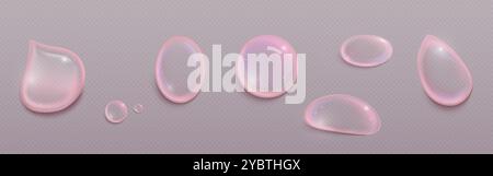 Pink serum drops set isolated on transparent background. Vector realistic illustration of abstract gel bubbles, collagen essence droplets, face skin c Stock Vector