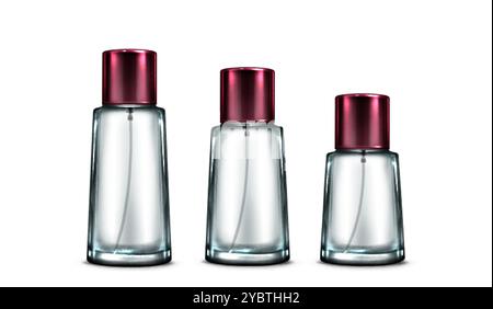 Perfume spray bottles set isolated on white background. Vector realistic illustration of glass or plastic transparent containers of different size wit Stock Vector