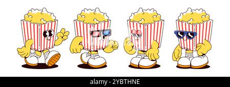 Popcorn box characters set isolated on white background. Contemporary vector cartoon illustration of red striped packages with crunchy snack walking, Stock Vector