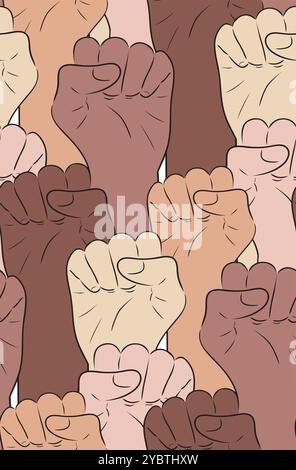 Vector seamless pattern of women fists of different nationalities. Feminism and unity. Texture of female parade for equal rights. Wallpaper Stock Vector
