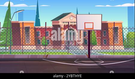 Basketball court on street outside school cartoon background. Basket ball playground area in cite near university building. Sport stadium for outdoor Stock Vector