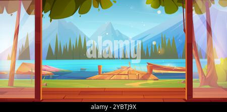 View on lake and mountains from cottage room with open glass doors and wooden porch. Cartoon vector summer or spring landscape with boat moored to pie Stock Vector