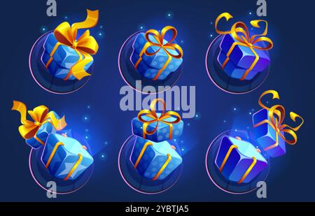 Closed and open blue gift boxes with yellow ribbon and bow for game ui design. Cartoon vector illustration set of winner bonus and surprise present pa Stock Vector