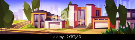 Modern luxury mansion in suburban district with city skyscrapers silhouette on background. Cartoon vector countryside landscape with houses, lawn on y Stock Vector