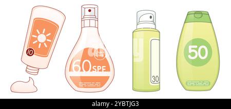 Sunscreen cream in bottle with cap and sprayer. Cartoon vector illustration set of face and body skin care and sun ultraviolet protection lotion with Stock Vector