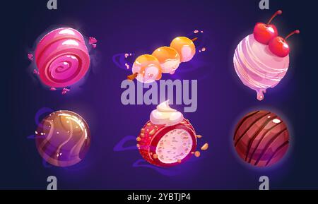 Fantasy game and fairy tale alien planets made from candy and sweet desserts. Cartoon vector set of fiction confectionery ball for wonder world galaxy Stock Vector