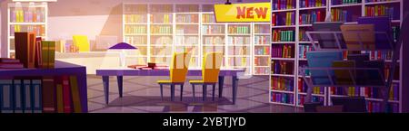 Bookstore or library interior with lots of paper hardcover books on shelves of racks and cabinets, table with chairs and lamp, stands with new literat Stock Vector