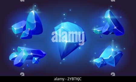 Magic blue gemstones set isolated on background. Vector cartoon illustration of abstract shape stones, pile of neon glowing mineral rocks, big diamond Stock Vector