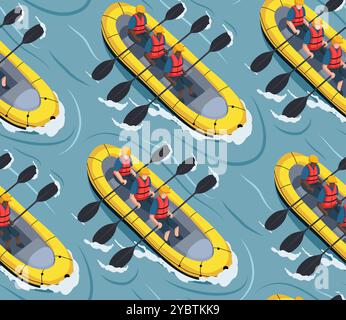 Vector seamless pattern with people doing rafting on river top view. Texture with active sport leisure in flat style. Extreme water sport hobby Stock Vector