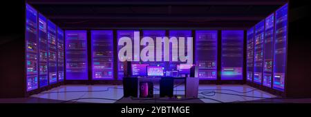 Data center server room interior with neon glow purple digital warehouse racks, computer with monitor on table in center of chamber. Cartoon vector il Stock Vector
