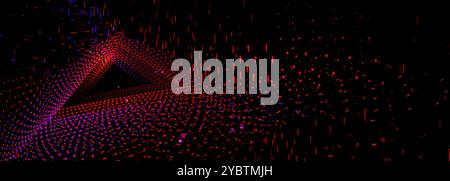 Neon dots and lines in triangular tunnel on black background. Realistic 3d vector illustration of abstract light shine textured triangle fade into per Stock Vector