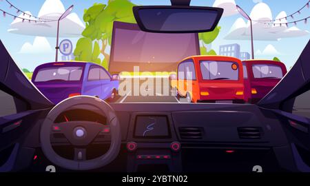 Outdoor drive cinema view from car cabin. Vector cartoon illustration of autos on parking with blank movie screen or street ads banner, green urban pa Stock Vector
