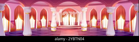 Royal palace ballroom with marble pillars and red curtains on windows. Vector cartoon illustration of large banquet room with tiled floor and glass do Stock Vector