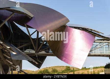 Elciego, Spain, 6 August 2020: Winery of Marques de Riscal in Alava, Basque Country. The futuristic building and luxury hotel was designed by famous a Stock Photo