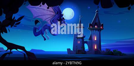Spooky fantasy dragon flying near castle at night. Cartoon vector illustration of dark dusk magic fairytale scenery with mythical creature wyvern and Stock Vector