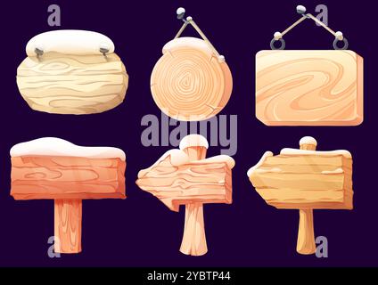 Wooden signboard covered with snow and ice for winter and Christmas design. Rectangular, round and arrow cartoon vector road sign with wood texture. S Stock Vector
