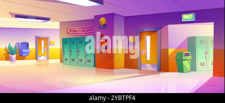 Empty school corridor with lockers and classroom doors, welcome banner and bell on wall, fire extinguisher and hand wash basin, trash bin and plant in Stock Vector