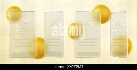 Mobile phone screen interface on blur rectangular transparent glass over gold sphere on pastel dotted texture background. Realistic 3d vector illustra Stock Vector