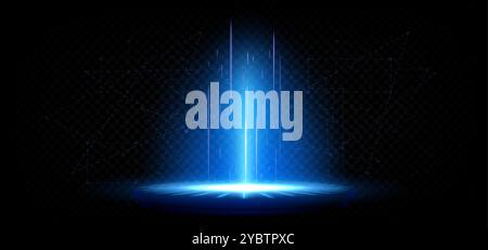 Blue tech magic game portal with light effect. Realistic 3d vector illustration of podium with hologram neon glowing beams. Futuristic fantasy scifi t Stock Vector