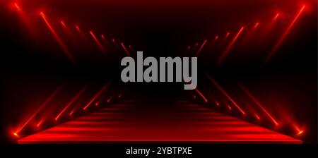 Fashion show runway with red lights on black background. Vector realistic illustration of long podium perspective illuminated with color floodlights, Stock Vector