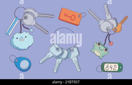 Keychains set with trinkets isolated on background. Contemporary vector cartoon illustration of keys with keyring and cloud, frog shape pendants, room Stock Vector