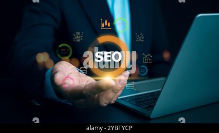 SEO, Marketing planning, Businessman search on virtual screen data search technology search engine optimization, Businessman use search engine to sear Stock Photo