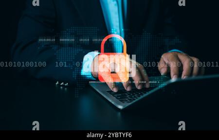 Human hand using computer to surf the internet There are security systems to protect against hackers, Internet, Network security, Cybersecurity and Gl Stock Photo