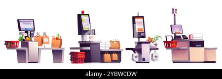 Supermarket self checkout service kiosk with screen and scanner, pos terminal for payment, food grocery in basket and bags. Cartoon vector illustratio Stock Vector