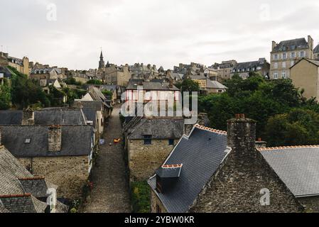 Aerial view of the medieval town of Dinan with old cobblestoned street and stone medieval houses, French Brittany Stock Photo