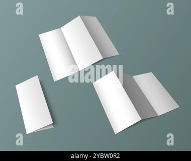 Fold leaflet mockup. Blank trifold paper template. White a4 booklet page design mock up. Triple zigzag pamphlet isolated for realistic business presen Stock Vector