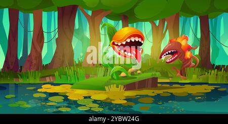 Creepy fantasy forest landscape with carnivorous plant monsters with teeth  and tongue in mouth on flowerhead standing on shore of swamp or river.  Cartoon vector scary woodland with alien creatures Stock Vector
