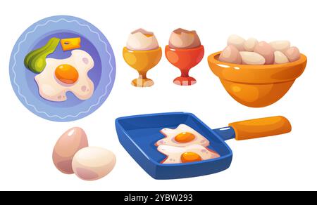 Chicken egg cartoon vector set - whole raw or cooked in bowl, on cup holder with broken shell, frying on pan and ready to eat on plate. Farm bird prot Stock Vector