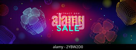 Wireframe gift boxes flying on bokeh background. Vector realistic illustration of futuristic 3d balls and present packages decorated with ribbon bows, Stock Vector