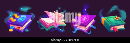 Magic closed and open books with parchment paper, hard cover with glowing ancient wizard symbols, bookmarks. Cartoon vector game ui design assets of o Stock Vector