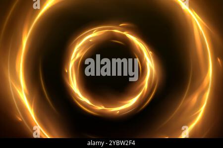 Spin fire rings with glowing tongues of flame and sparks. Realistic 3d vector illustration of round fiery frame with light effect. Magic portal with b Stock Vector