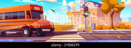 Yellow bus on road near school building. Vector cartoon illustration of autumn city with golden foliage on trees and bushes in schoolyard, green traff Stock Vector