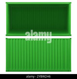 Green ship cargo container. Open storage box side. Export warehouse crate for delivery. 3d large metal truck for shipment from dock. Big industrial tr Stock Vector