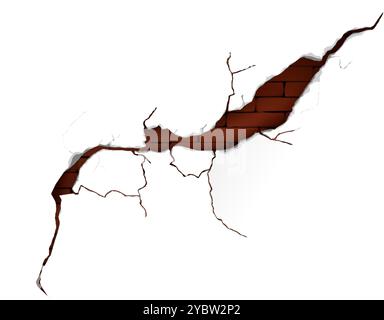 Broken concrete or painted white wall with red brick surface behind hole. Realistic 3d vector illustration of fissure split hole in drought distressed Stock Vector