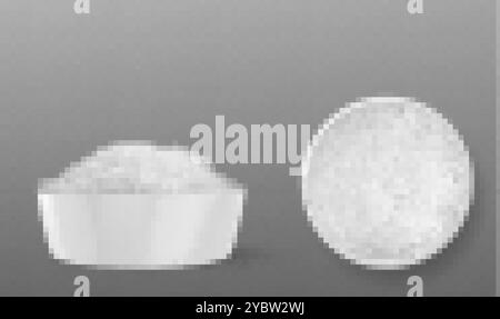 White salt or sugar crystal grain in ceramic bowl top and side view on transparent background. Realistic 3d vector illustration set of crushed seasoni Stock Vector