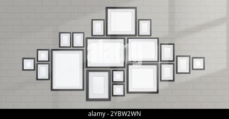 White brick wall with rectangle and square simple photo frame composition and shadow of window. Realistic 3d vector elegant modern picture border mock Stock Vector