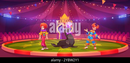Circus arena with clowns and harbor seal with ball entertainment. Artist with trained animal on round scene with empty seats under classic cirque carn Stock Vector