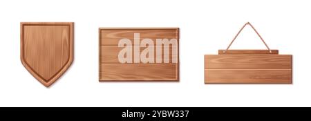 3d wood texture sign board. Wooden plank frame for saloon. Realistic vintage nail bar for text in game. Timber ui interface pointer template icon set. Stock Vector