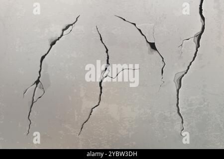 Cracked concrete wall texture. Vector realistic illustration of ground fracture after earthquake, abstract black hole in cement wall, grungy interior Stock Vector