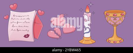 Romantic game ui assets and Valentine day elements - love letter with envelope and kiss sign, heart shaped bitten and broken cookies, burning candle w Stock Vector